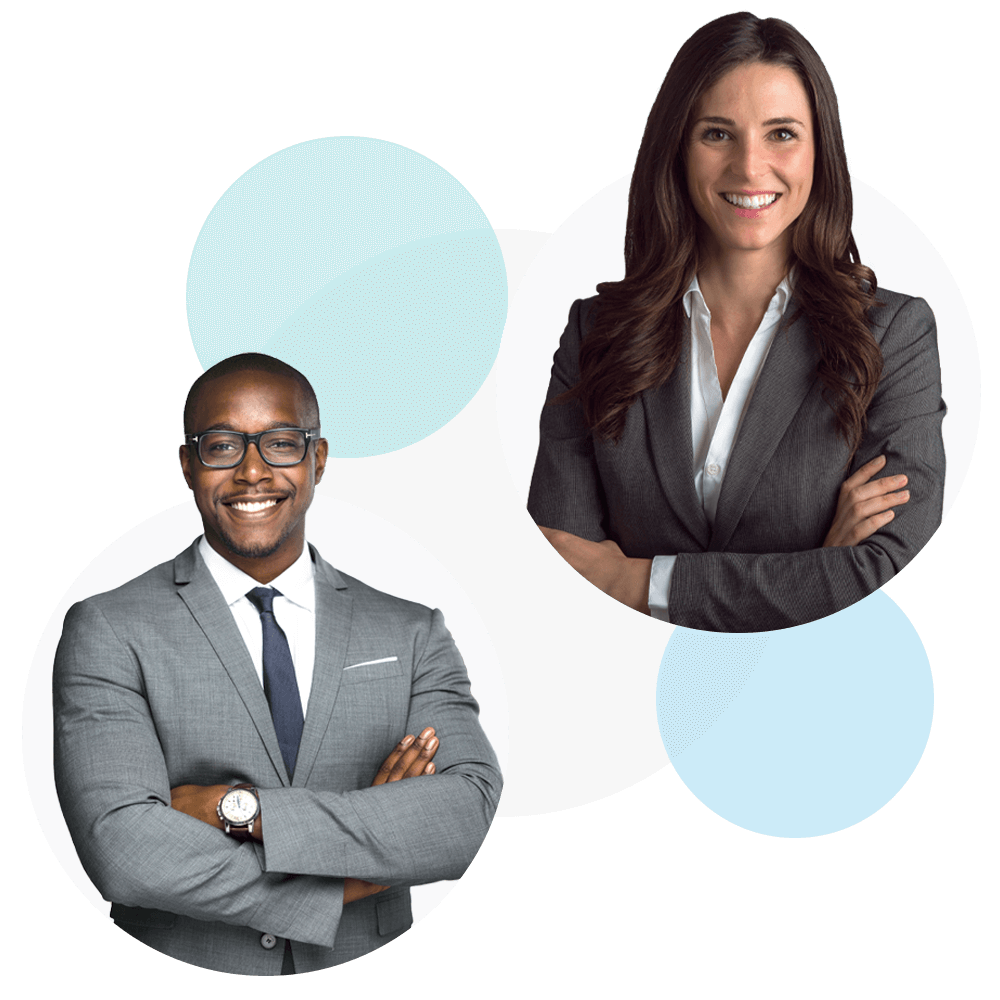 An image of two professional looking people in blazers with their arms crossed, smiling at the camera.